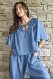 Washed Chambray Shirring Peasant Blouse Mid